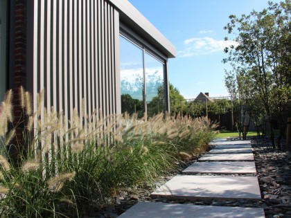 Strakke tuin met natuurlijke grassen in combinatie met moderne afsluiting